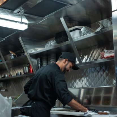 cleaning quartz worktop in restaurant