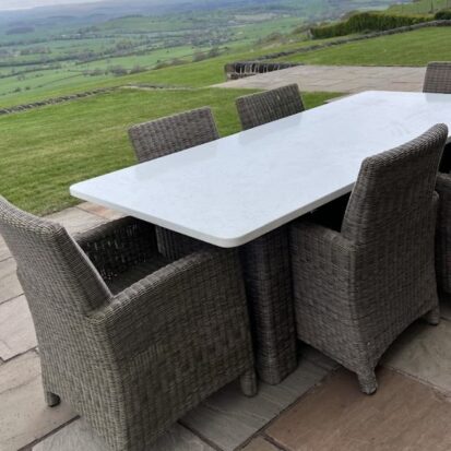 outside garden table made from quartz worktops offcuts