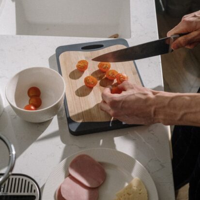 white granite worktop chopping food