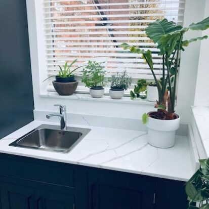 marble quartz worktop in kitchen