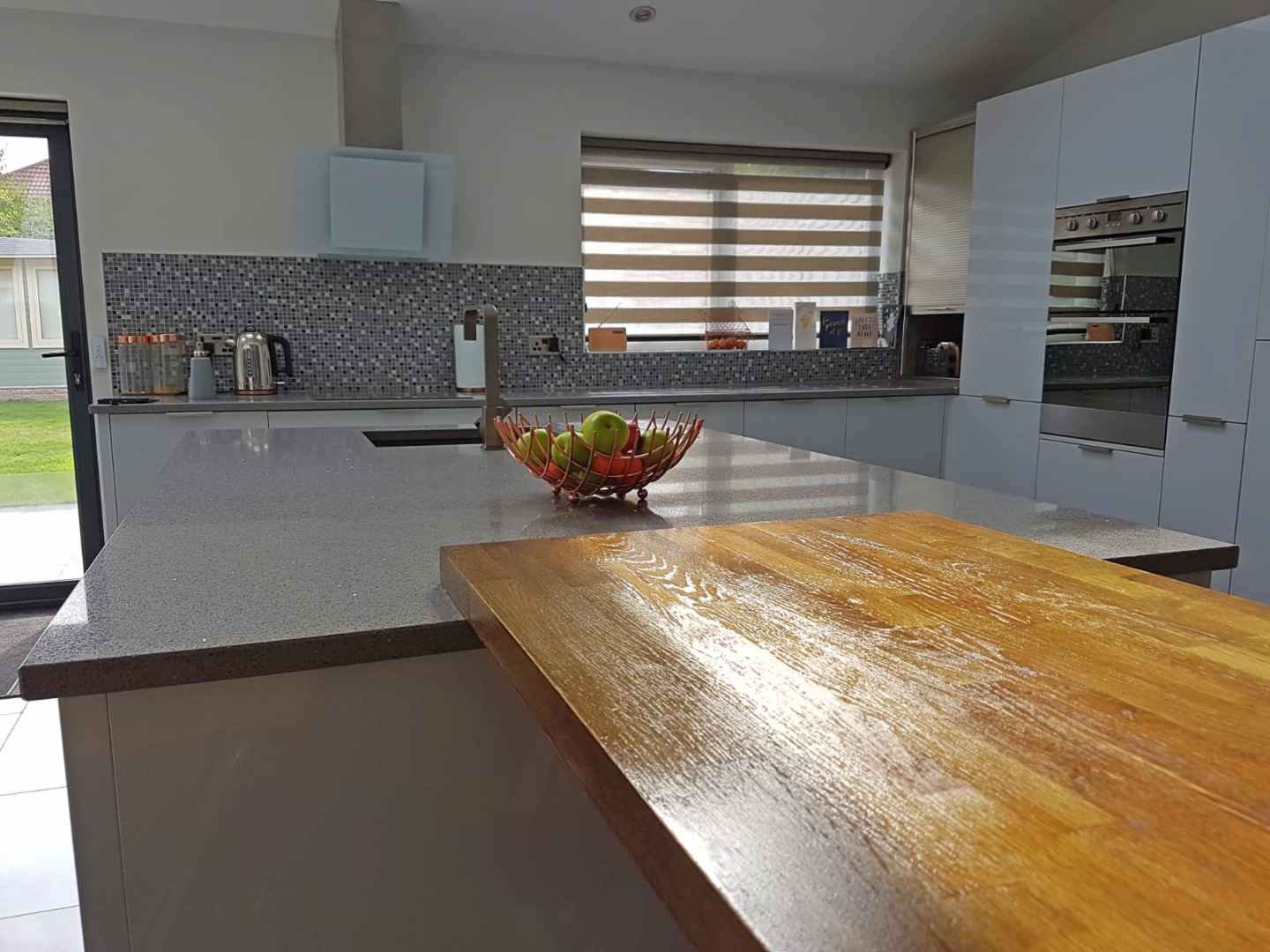 grey quartz kitchen worktop and wooden kitchen worktop extension