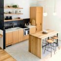 Wooden worktop island and white quartz worktops