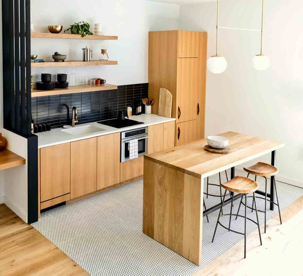 Wooden worktop island and white quartz worktops